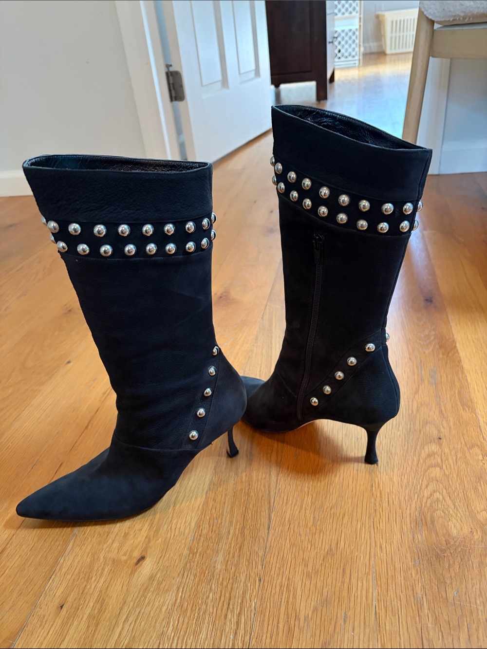 Manolo Blahnik Black Studded Pointed-Toe Mid-Calf Kitten-Heel Boots